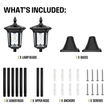 100 Lumen Solar Filament Post Light, Set of 2
