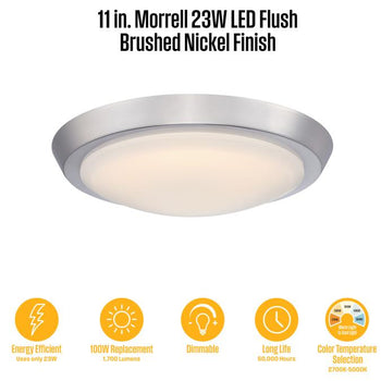 Morrell 11 inch LED Indoor Flush Mount Ceiling Fixture, Brushed Nickel
