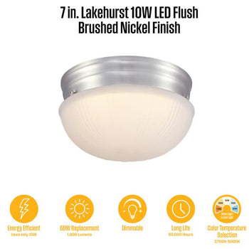 Lakehurst 7 inch Indoor Flush Mount Ceiling Fixture, Brushed Nickel