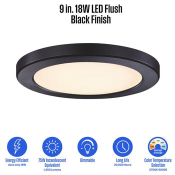 9 inch, 18 Watt Dimmable LED Indoor/Outdoor Flush Mount Ceiling Fixture, Black