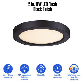 5 inch, 11 Watt Dimmable LED Indoor/Outdoor Flush Mount Ceiling Fixture, Black