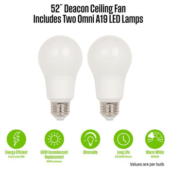 Deacon 52-Inch Indoor/Outdoor Ceiling Fan with Dimmable LED Light Fixture, Matte Black