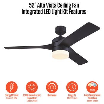 Alta Vista 52-Inch Indoor/Outdoor Ceiling Fan, Dimmable LED Light Fixture with Color Temperature Selection, Matte Black