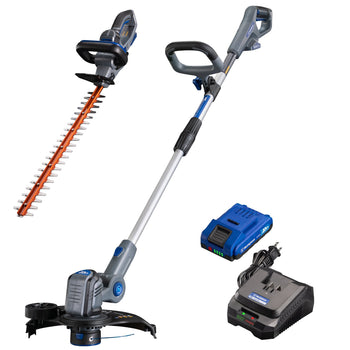 20V hedge trimmer, string trimmer and edger, and battery and charger on a white background 