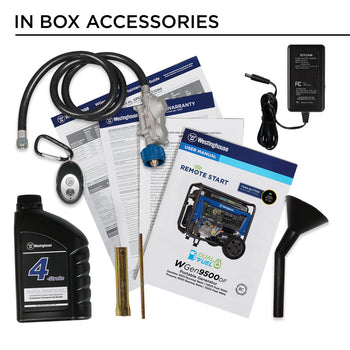 Westinghouse | WGen9500DF portable generator in box accessories: Manual, warranty, quick start guide, oil bottle, oil funnel, spark plug wrench, remote, propane regulator/hose, and battery float charger.