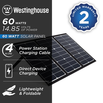 Westinghouse | WSolar60p solar panel shown on a white background with text reading 60 watts 14.85 volts of power, 60 watt solar panel, 4 in 1 power station charging cable, direct device charging, lightweight and foldable, and 2 year limited warranty