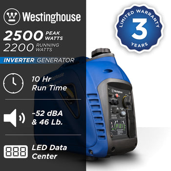 Westinghouse | iGen2500 portable inverter generator shown on a white background with text reading: 2500 peak watts, 2200 running watts, 3 year warranty, 10 hour run time, 52 dBA & 46 lb, LED data center.