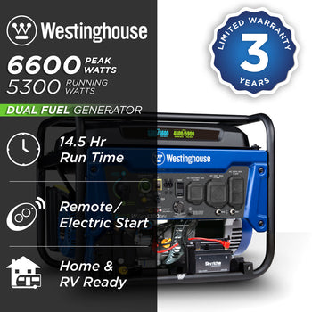 Westinghouse | WGen5300DFc portable generator shown on a white background with text reading: 6600 peak watts, 5300 running watts, dual fuel generator, 14.5 hour run time, remote/electric start, home and RV ready and 3 year limited warranty
