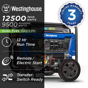Westinghouse | WGen9500DF portable generator shown on a white background with text saying: Westinghouse 12500 peak watts, 9500 running watts, dual fuel, 12 hour run time, remote/electric start, transfer switch ready and 3 year limited warranty