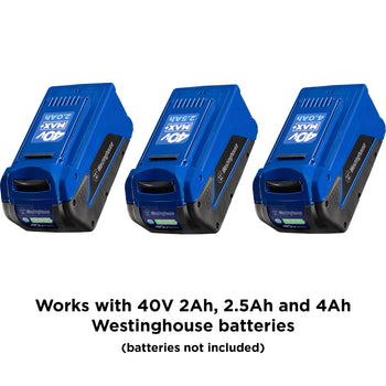 Westinghouse 40VMAX+™ 2.0 amp hour, 2.5 amp hour, and 4.0 amp hour lithium-ion batteries on a white background. Black text along the bottom of the image reads, 
