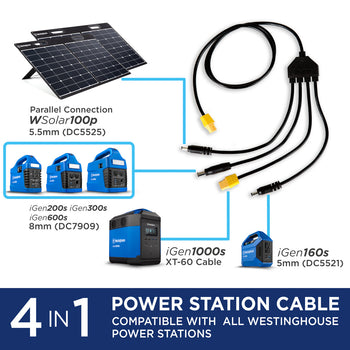 Westinghouse | WSolar100p solar panel showing the charging cable with the iGen160s to the 5mm (DC5521), the iGen1000s to the XT-60 cable, the iGen200s, iGen300s and iGen600s to the 8mm (DC7909) cable. A blue bar at the bottom reads 4 in 1 power station cable compatible with all Westinghouse power stations