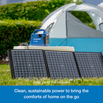 Westinghouse | iGen200s Portable Power Station sits atop a cooler. Leaning against the cooler are three solar panels that are plugged into the power station. A blue banner at the bottom reads, 