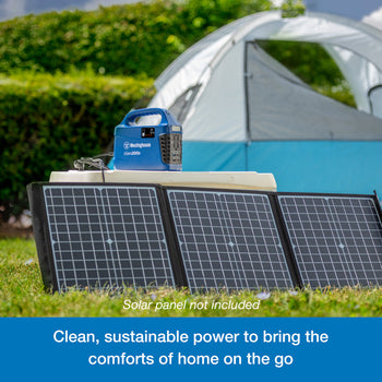 Westinghouse | iGen200s Portable Power Station sits atop a cooler. Leaning against the cooler are three solar panels that are plugged into the power station. A blue banner at the bottom reads,