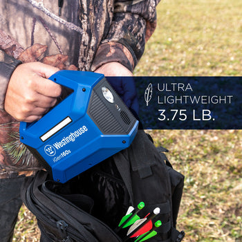 Westinghouse | iGen160s Portable Power Station being placed in a backpack by a man in hunters camouflage. Text on the image reads