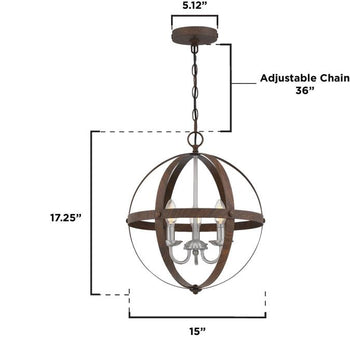 Stella Mira Three-Light Indoor Chandelier, Walnut Finish with Brushed Nickel Accents