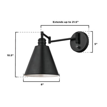 Trocadero One-Light Swing Arm Wall Fixture with On/Off Switch, Matte Black Finish