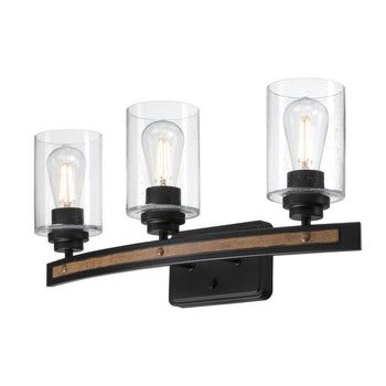 Broomall Three-Light Wall Fixture, Matte Black Finish with Barnwood Accents