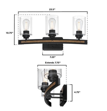 Broomall Three-Light Wall Fixture, Matte Black Finish with Barnwood Accents