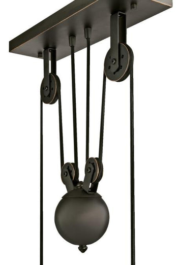Iron Hill Three-Light Indoor Island Pulley Pendant, Oil Rubbed Bronze Finish with Highlights