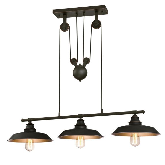 Iron Hill Three-Light Indoor Island Pulley Pendant, Oil Rubbed