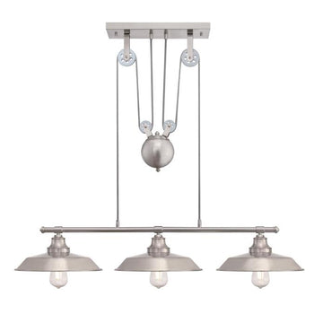 Iron Hill Three-Light Indoor Island Pulley Pendant, Brushed Nickel Finish