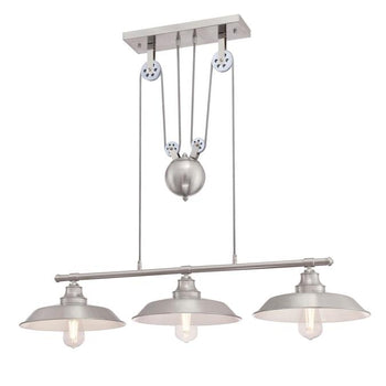 Iron Hill Three-Light Indoor Island Pulley Pendant, Brushed Nickel Finish