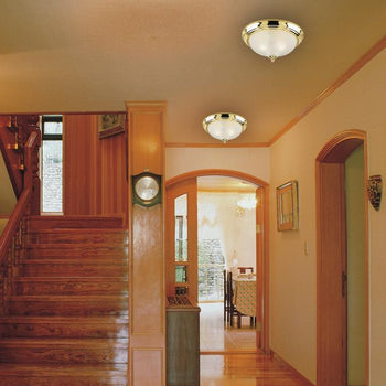 Two-Light Flush-Mount Interior Ceiling Fixture, Polished Brass Finish with Frosted Swirl Glass