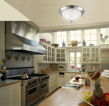 Three-Light Flush-Mount Interior Ceiling Fixture, Brushed Nickel Finish with Frosted Swirl Glass