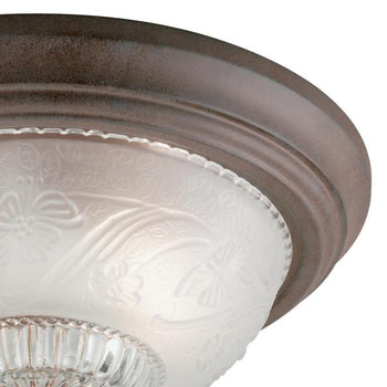 Two-Light Flush-Mount Interior Ceiling Fixture, Sienna Finish with Embossed Floral and Leaf Design Glass