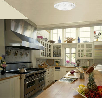 Two-Light Semi-Flush-Mount Interior Ceiling Fixture, White Finish with White Scroll Design Glass