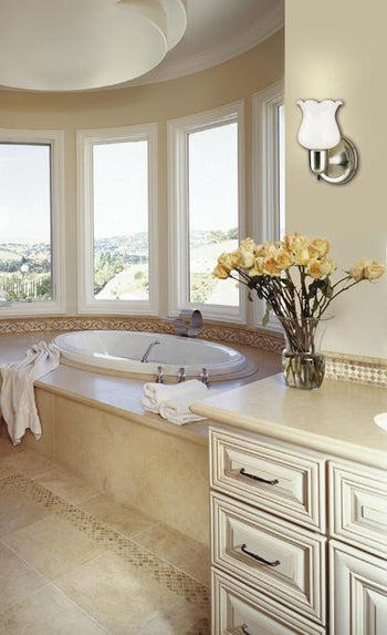 One-Light Interior Wall Fixture with On/Off Switch, Brushed Nickel Finish with White Opal Glass