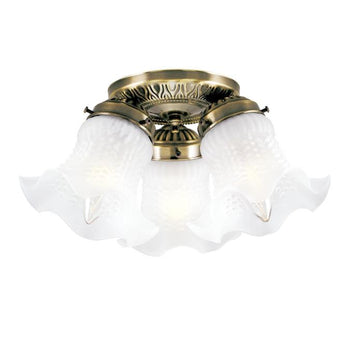 Three-Light Flush-Mount Interior Ceiling Fixture, Antique Brass Finish with Frosted Ruffled Edge Glass