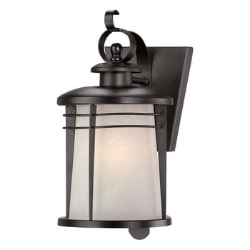 Senecaville One-Light Exterior Wall Lantern, Weathered Bronze Finish on Steel with White Alabaster Glass