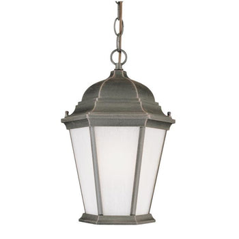 One-Light Exterior Pendant, Rust Finish on Cast Aluminum with Frosted Seeded Glass Panels