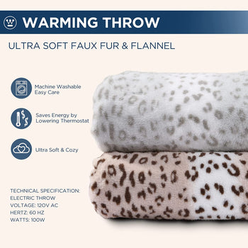 Electric Heated Blanket Luxurious Faux Fur Reverse to Flannel Grey Leopard
