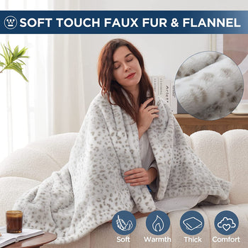 Electric Heated Blanket Luxurious Faux Fur Reverse to Flannel Grey Leopard