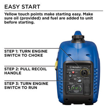 Westinghouse | iGen2500 inverter generator with easy start instructions on white background. Yellow touch points make starting easy. Make sure oil (provided) and fuel are added to unit before starting. Step 1: turn engine switch to choke. Step 2: pull recoil handle. Step 3: turn engine switch to run.