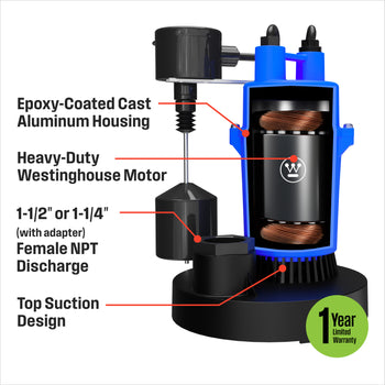 1/2 HP Submersible Sump Pump with Vertical Float Switch