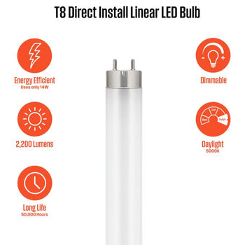 14 Watt (4 Foot) T8 Dimmable Direct Install Linear LED Light Bulb, 5000K