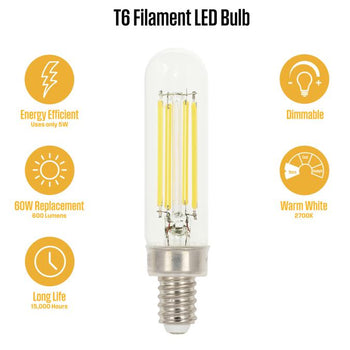 5W T6 Filament LED Dimmable Clear 2700K E12 (Candelabra) Base