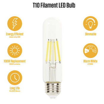 8W T10 Filament LED Dimmable Clear 2700K E26 (Medium) Base