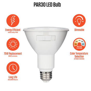 11 Watt (75 Watt Equivalent) PAR30 Flood Dimmable Indoor/Outdoor LED Light Bulb with Color Temperature Selection