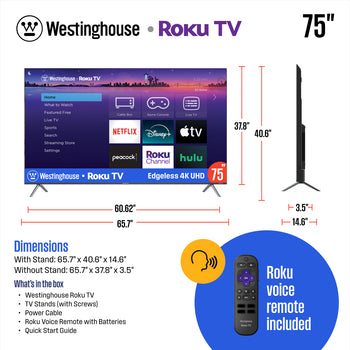 75″ Edgeless 4K UHD Roku TV with Voice Remote