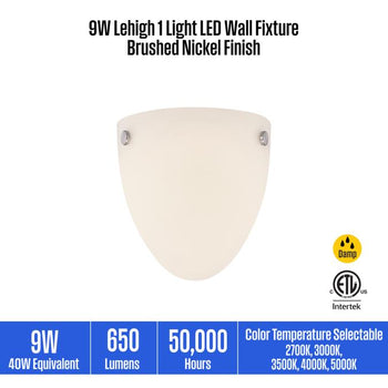 9W Lehigh 1 Light LED Wall Fixture, Brushed Nickel Finish