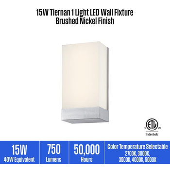 15W Tiernan 1 Light LED Wall Fixture, Brushed Nickel Finish