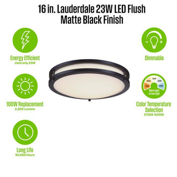 Lauderdale 16 inch LED Indoor Flush Mount Ceiling Fixture with Color Temperature Selection, Matte Black