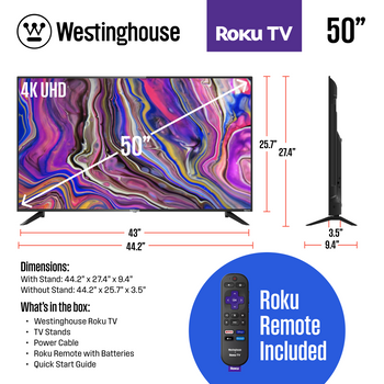 Westinghouse Edgeless QLED Roku TV - Smart TV de 50 pulgadas, televisor 4K  UHD con HDR 10+, Dolby Vision, Wi-Fi y conectividad de aplicaciones