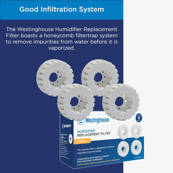 Humidifier Replacement Filter - Set of 4 Ceramic Ball Filters with Honeycomb Filtertrap System and Soft and Healthy Mist - Maintains Clean and Breathable Air