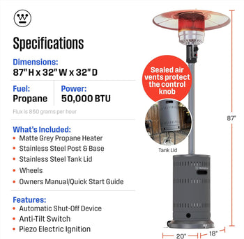 Outdoor Propane Patio Heater with Wheels,  50,000 BTU