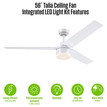 Talia 56-Inch Indoor Ceiling Fan with Dimmable LED Light Fixture, Matte White